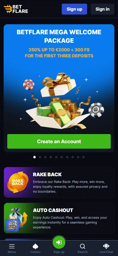 Betflare Casino home interface on a mobile browser