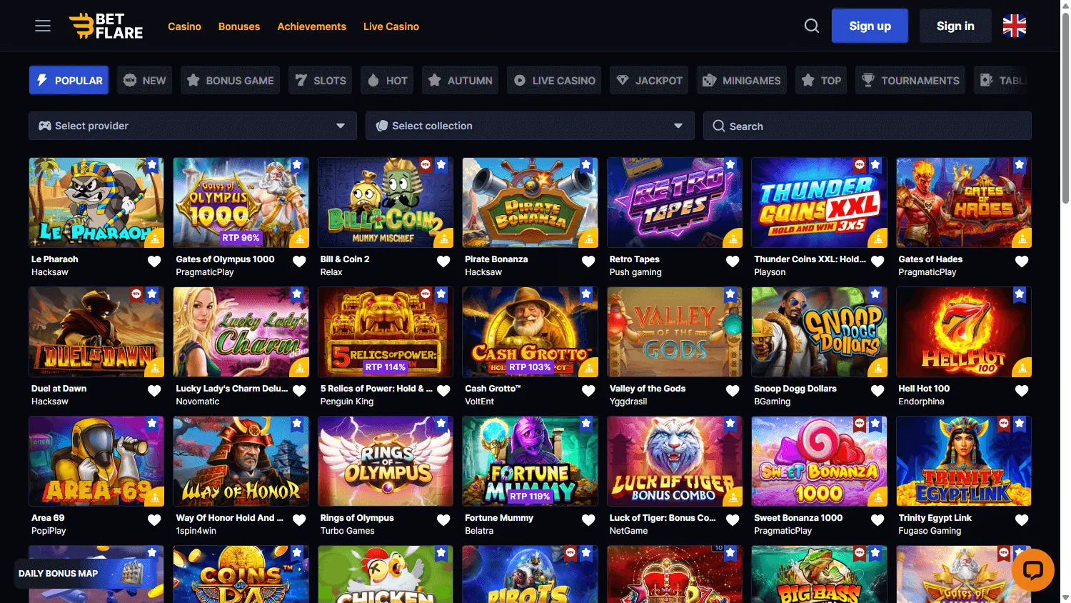 Betflare Casino games interface on desktop