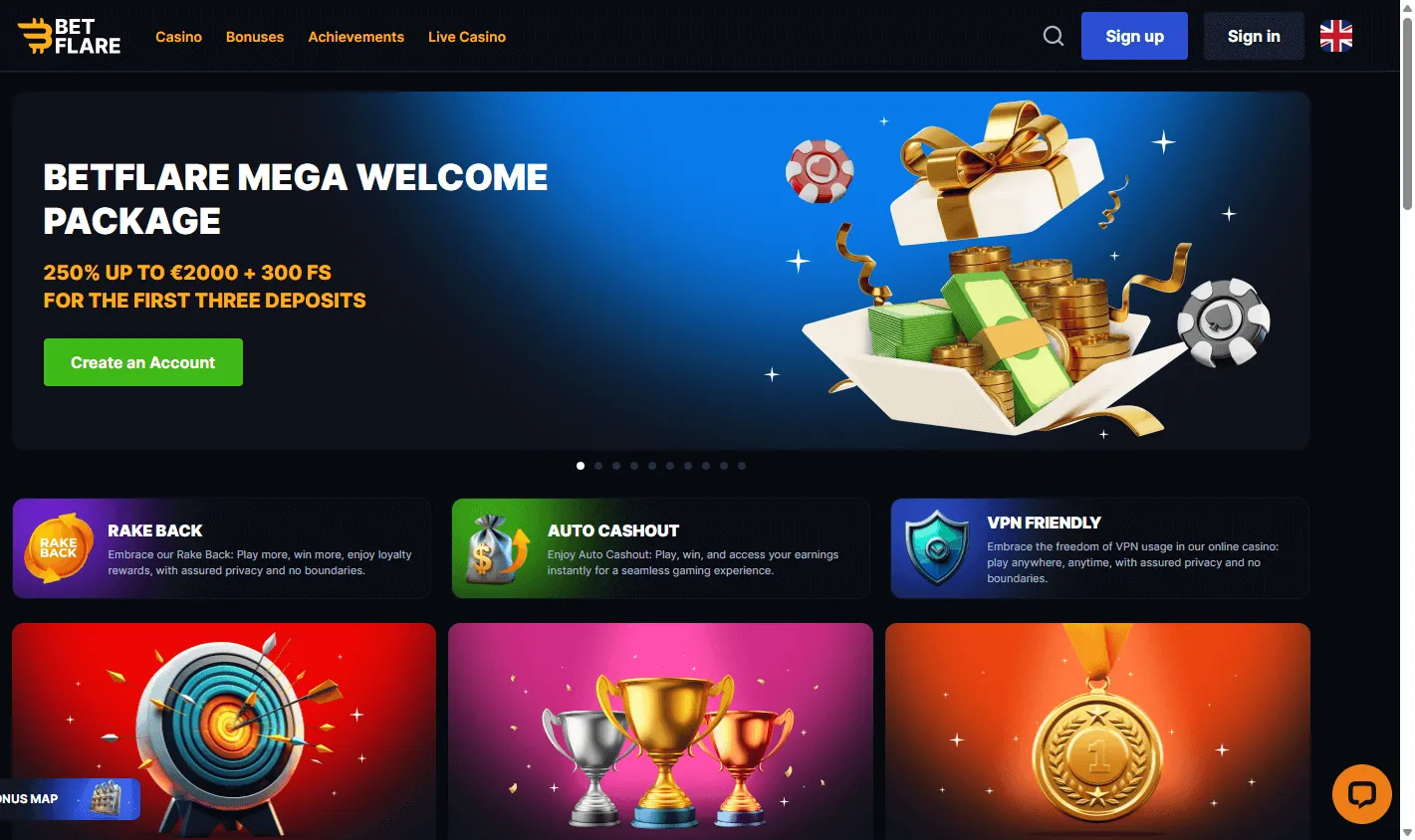 Betflare Casino home interface on desktop