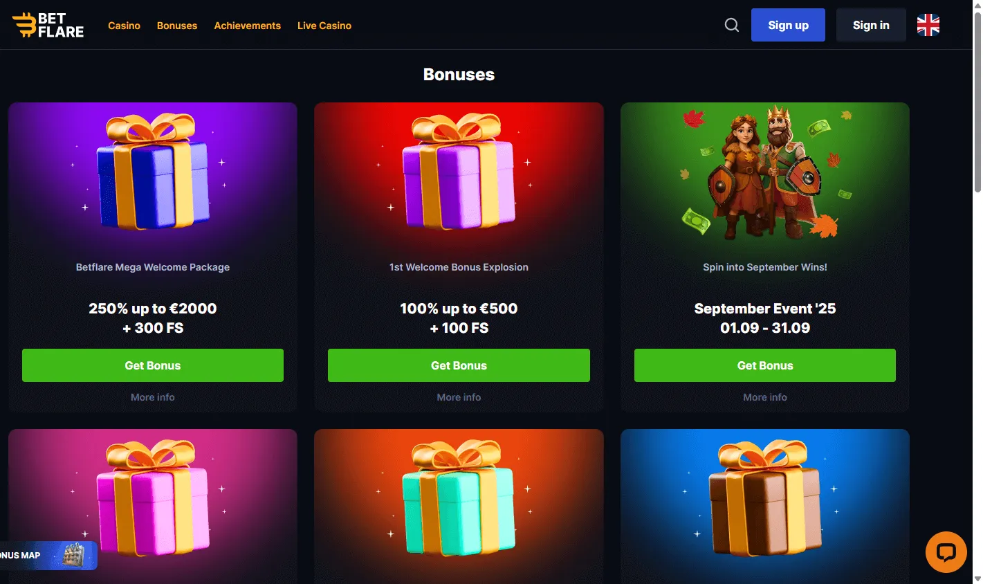 Betflare Casino promotions interface on desktop