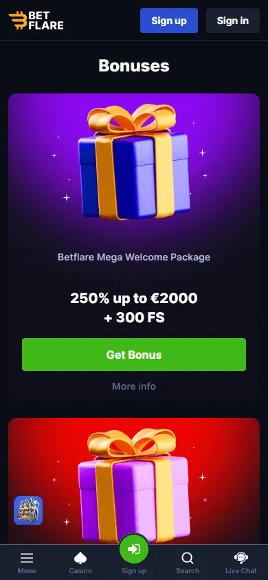 Betflare Casino promotions interface on a mobile browser