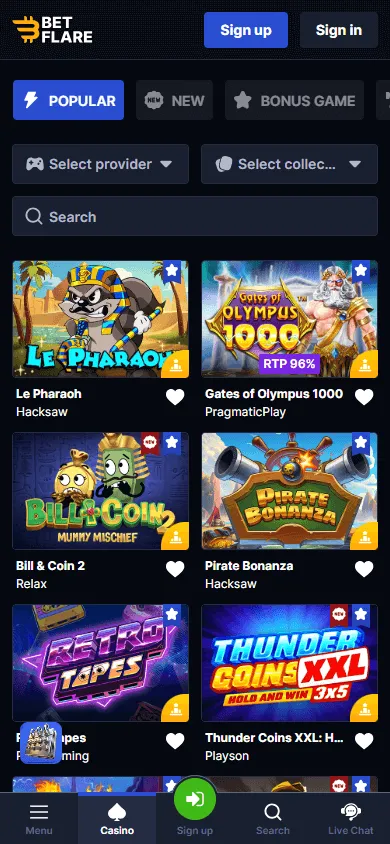 Betflare Casino games interface on a mobile browser